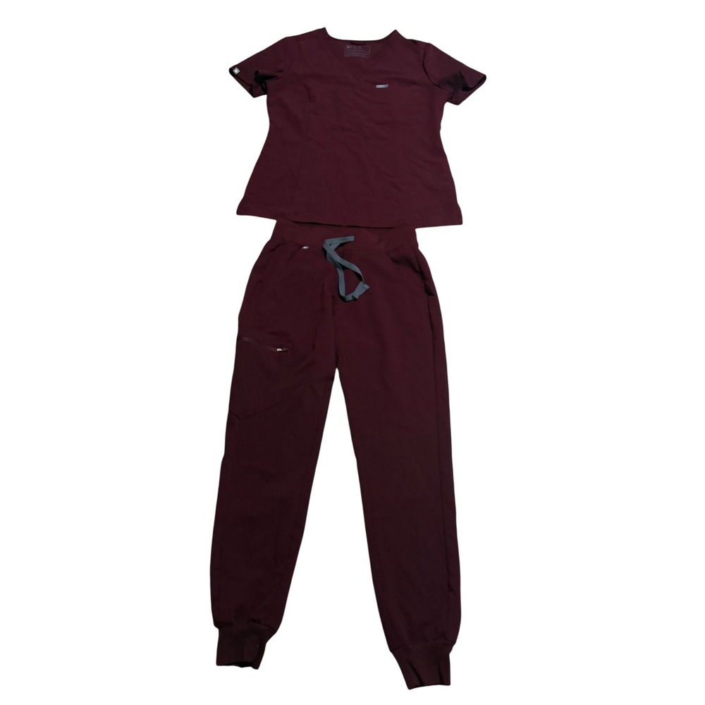 FIGS Women Burgundy Maroon Scrub Set Casma Top S Zamora Jogger Pants XXS Nurse